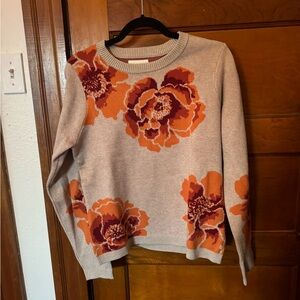 Cynthia Rowley Gorgeous Thick Beige Sweater with Orange & Red Floral Design